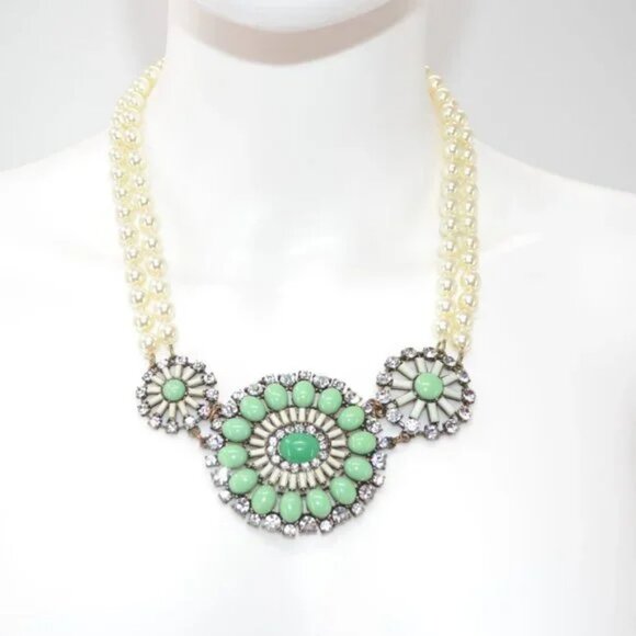 J Crew Pearl Jade jadeite Crystal Squash Blossom Drop Statement Bib Necklace